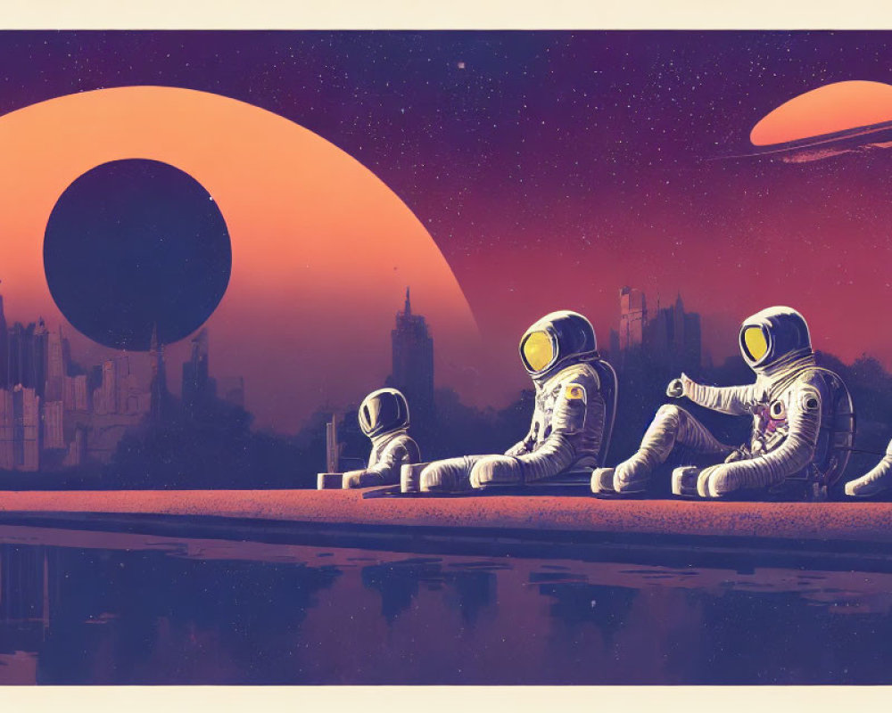 Astronauts on alien planet with moon, planets, city view