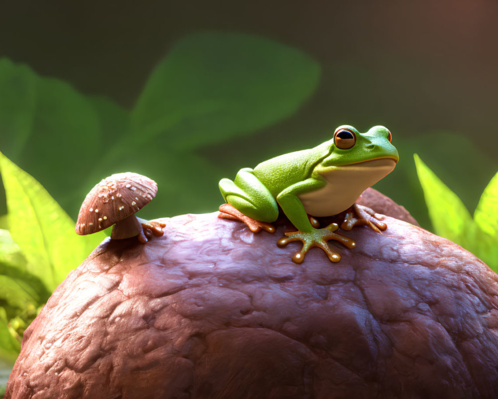 Green Frog on Brown Stone with Mushroom in Natural Setting