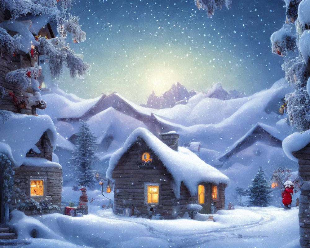 Cozy lit cabins in snowy winter village scene
