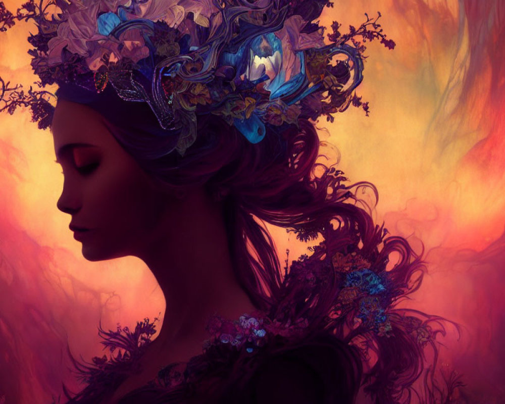 Profile view surreal portrait of woman with floral headdress on warm abstract background
