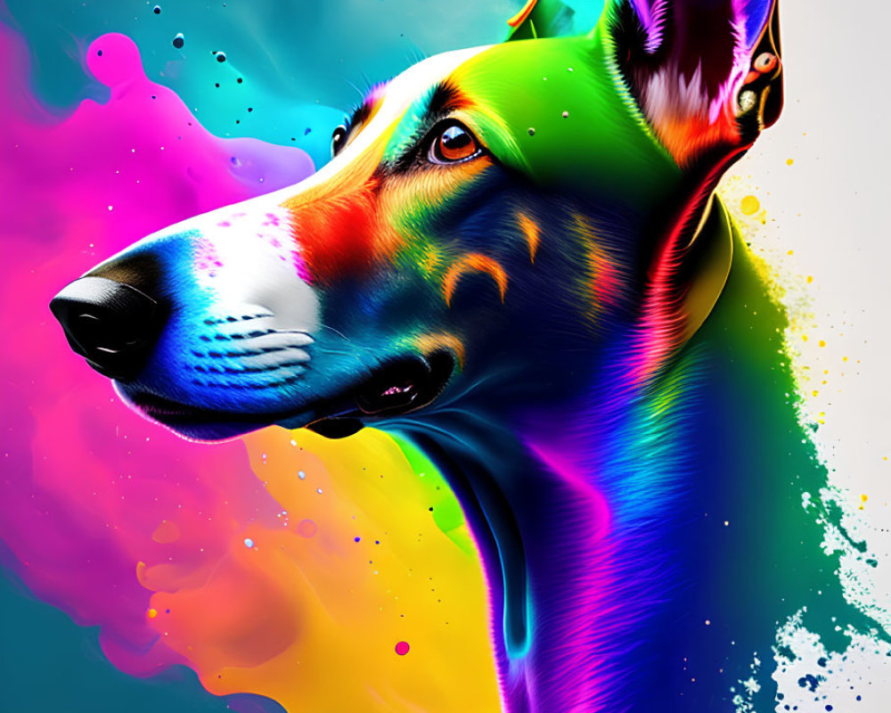 Colorful digital artwork: Dog in neon colors on dark background