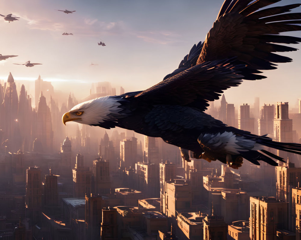Eagle soaring over futuristic cityscape with flying vehicles