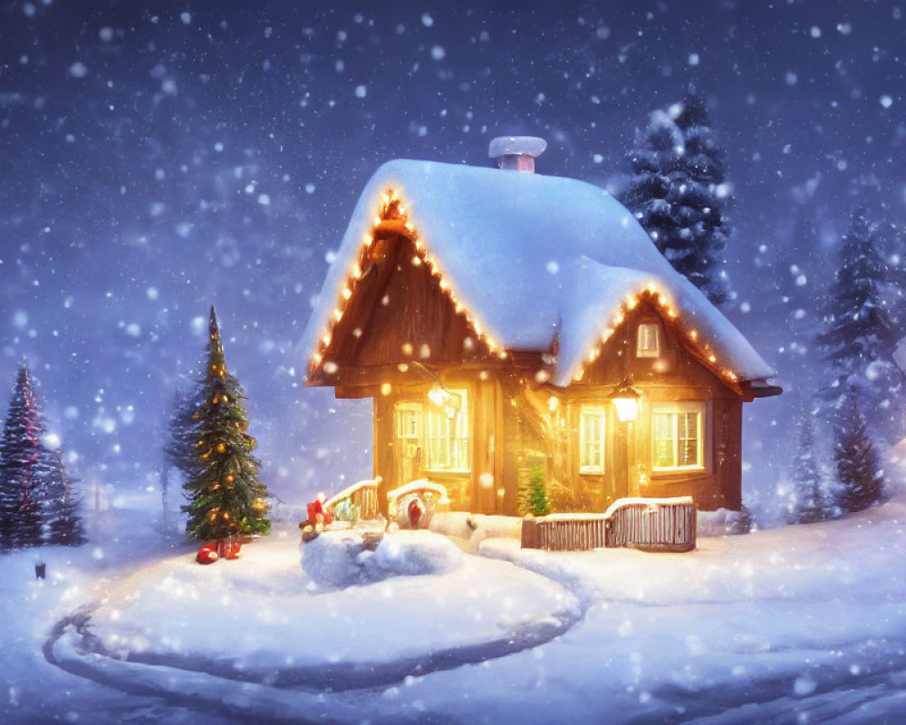 Snowy Evening Cottage with Festive Decorations and Falling Snowflakes