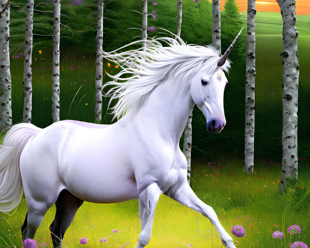 Majestic white horse galloping in vibrant meadow with purple-flowered trees