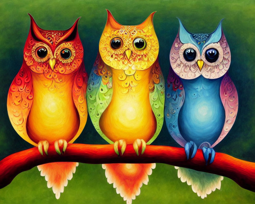 Vibrant colorful owls on branch with big eyes