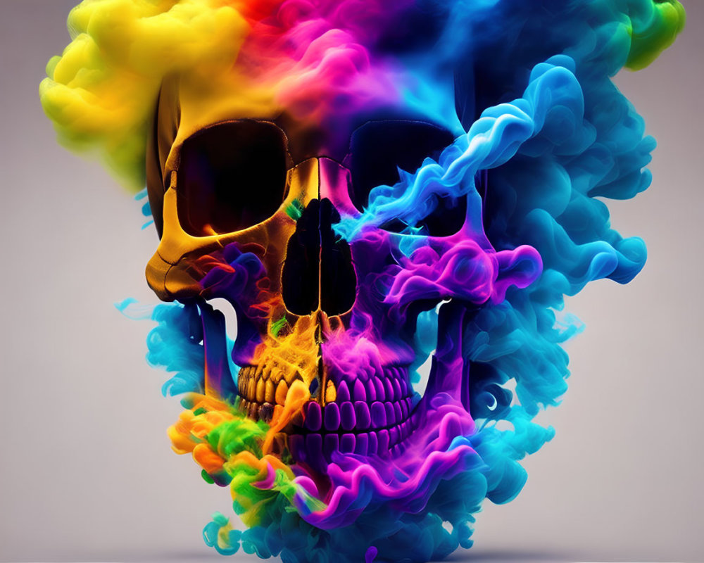Multicolored smoke swirling around a skull.