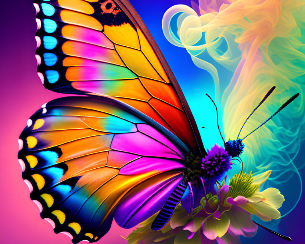 Colorful Butterfly Artwork with Intricate Patterns and Floral Background