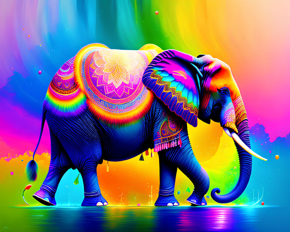 Colorful Psychedelic Elephant Artwork with Vibrant Patterns