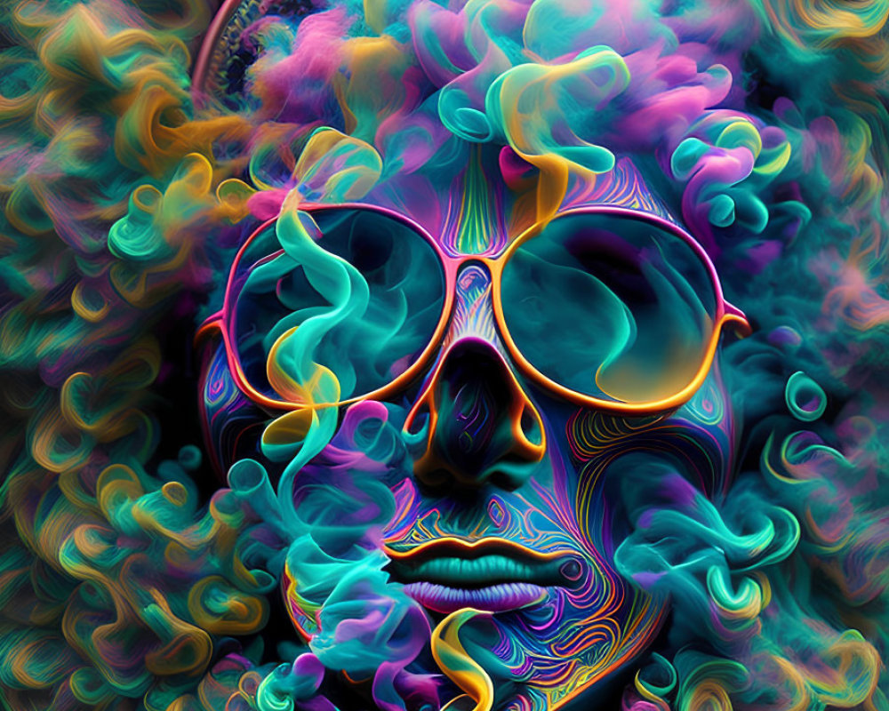 Colorful Skull with Round Glasses in Psychedelic Patterns