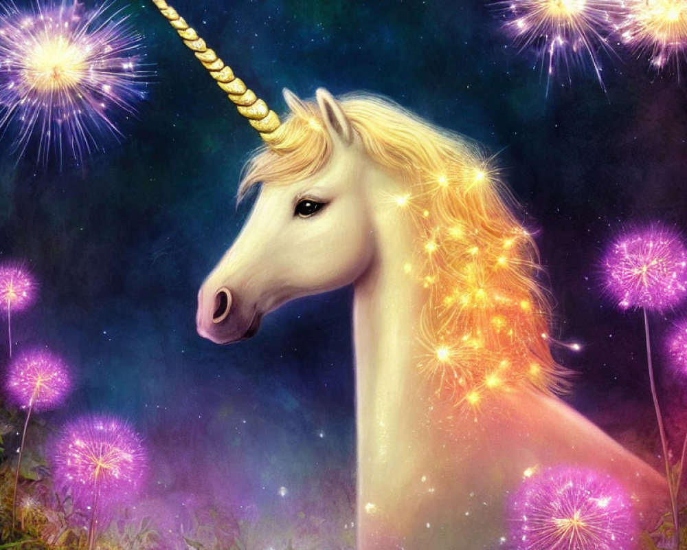 Golden-horned mythical unicorn in a mystical night sky with purple flowers