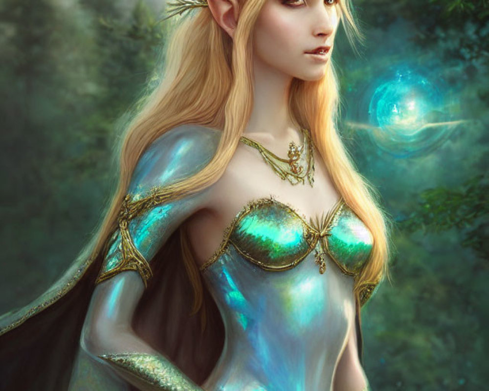 Elven character with long blond hair holding glowing blue orb in misty forest