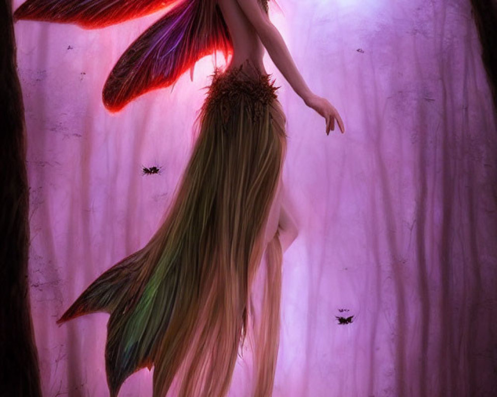 Colorful fairy with long hair in enchanted forest with flying creatures
