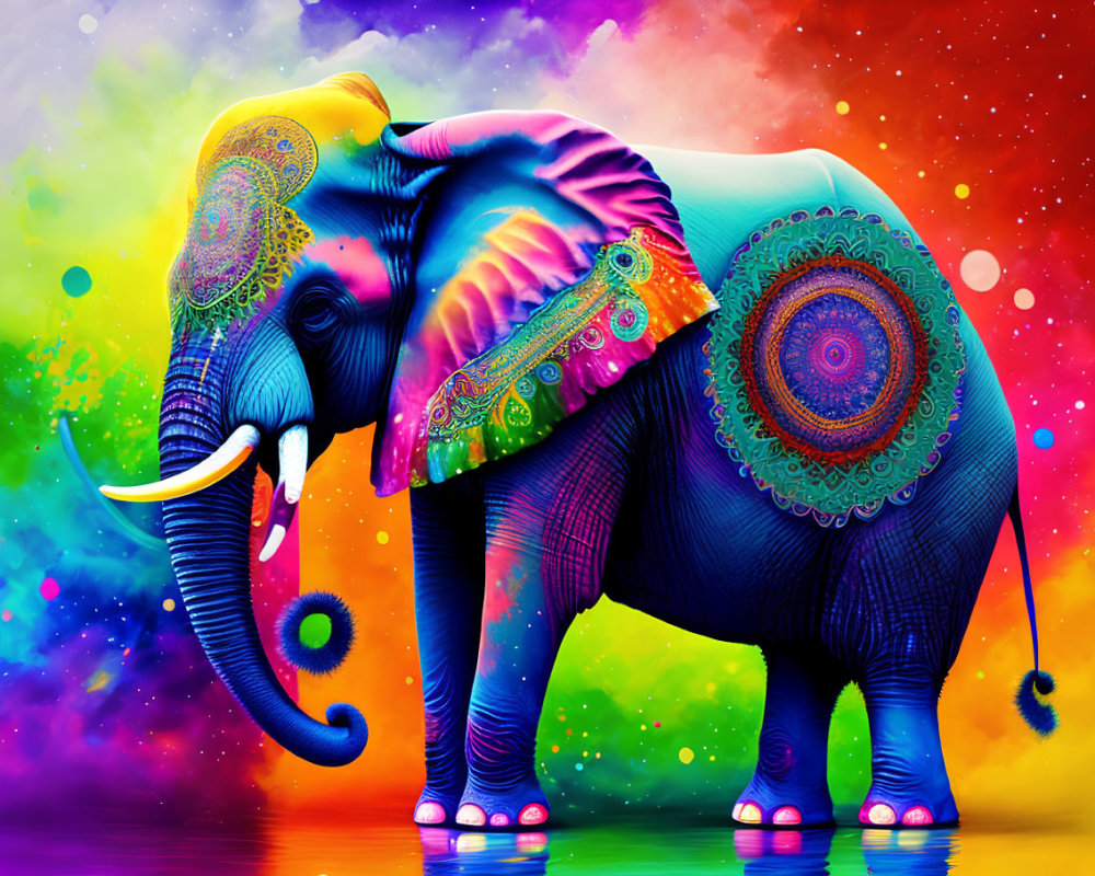 Colorful Elephant Illustration with Intricate Patterns on Rainbow Background