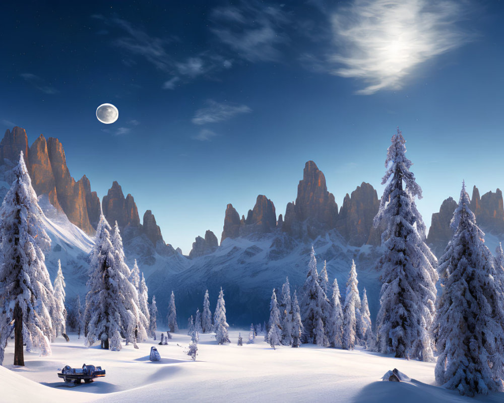 Snow-covered landscape with frosted pine trees and mountain peaks under starry sky