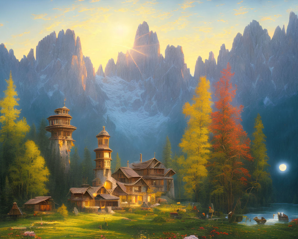 Picturesque mountain village with spires, rustic buildings, and colorful trees at sunrise or sunset