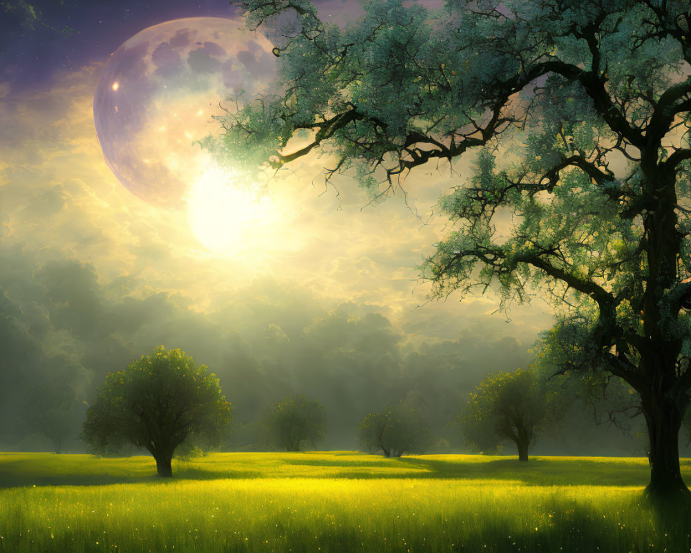 Vibrant fantasy landscape with oversized moon and mystical glow
