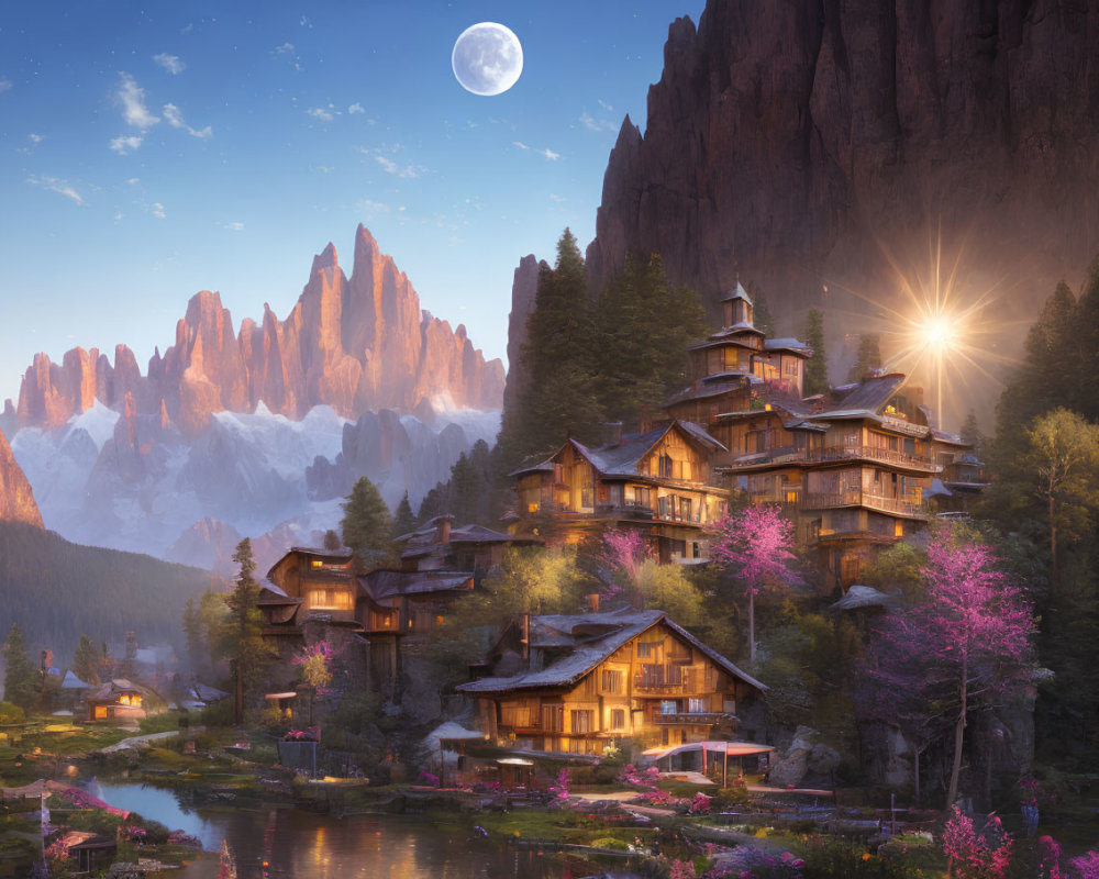 Scenic mountain village with wooden houses, blossoming trees, calm waterways