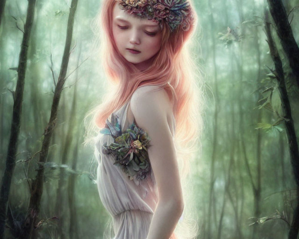 Woman with Pink Hair in Pastel Dress in Mystical Forest