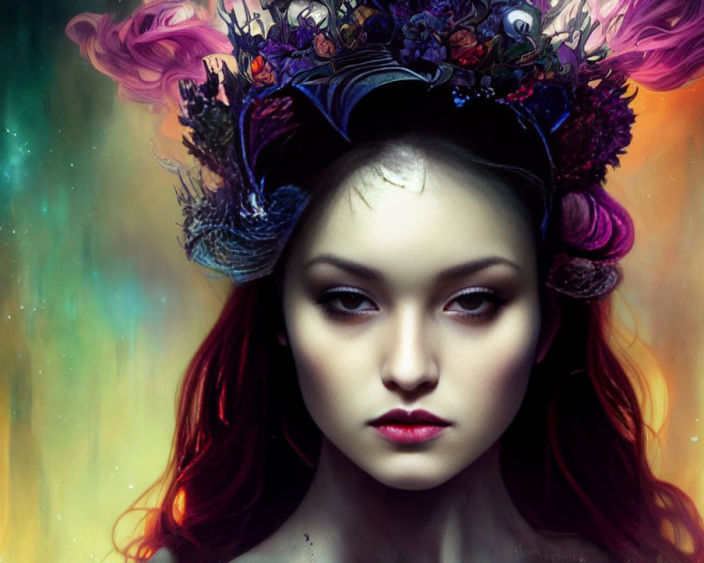 Colorful floral crown on woman with red hair in digital artwork