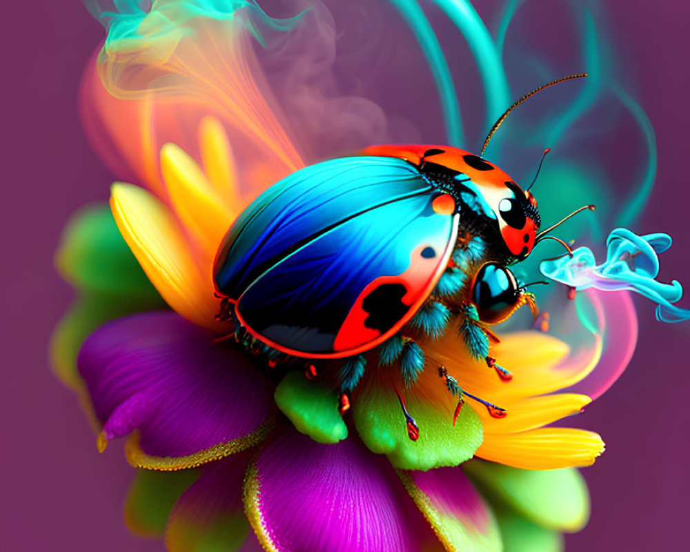 Colorful Ladybug Artwork on Multicolored Flower with Whimsical Smoke