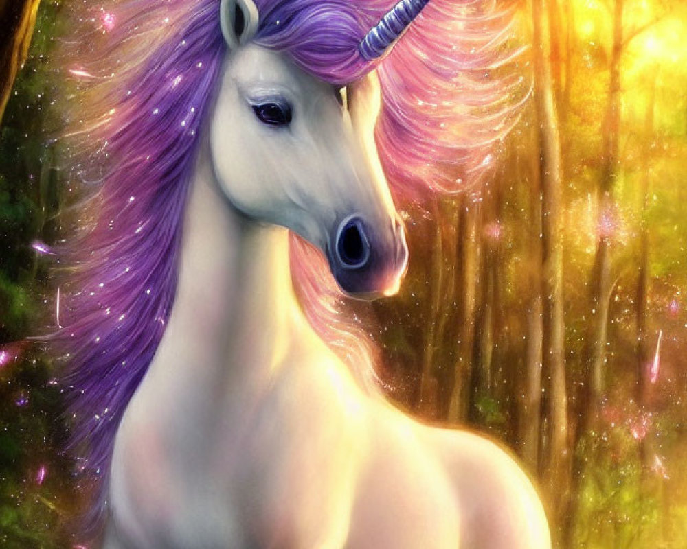 Purple-maned unicorn with spiraling horn in sunlit forest clearing.