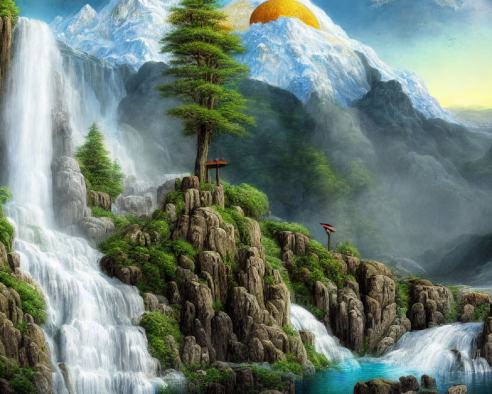 Scenic landscape with waterfalls, lake, and mountains
