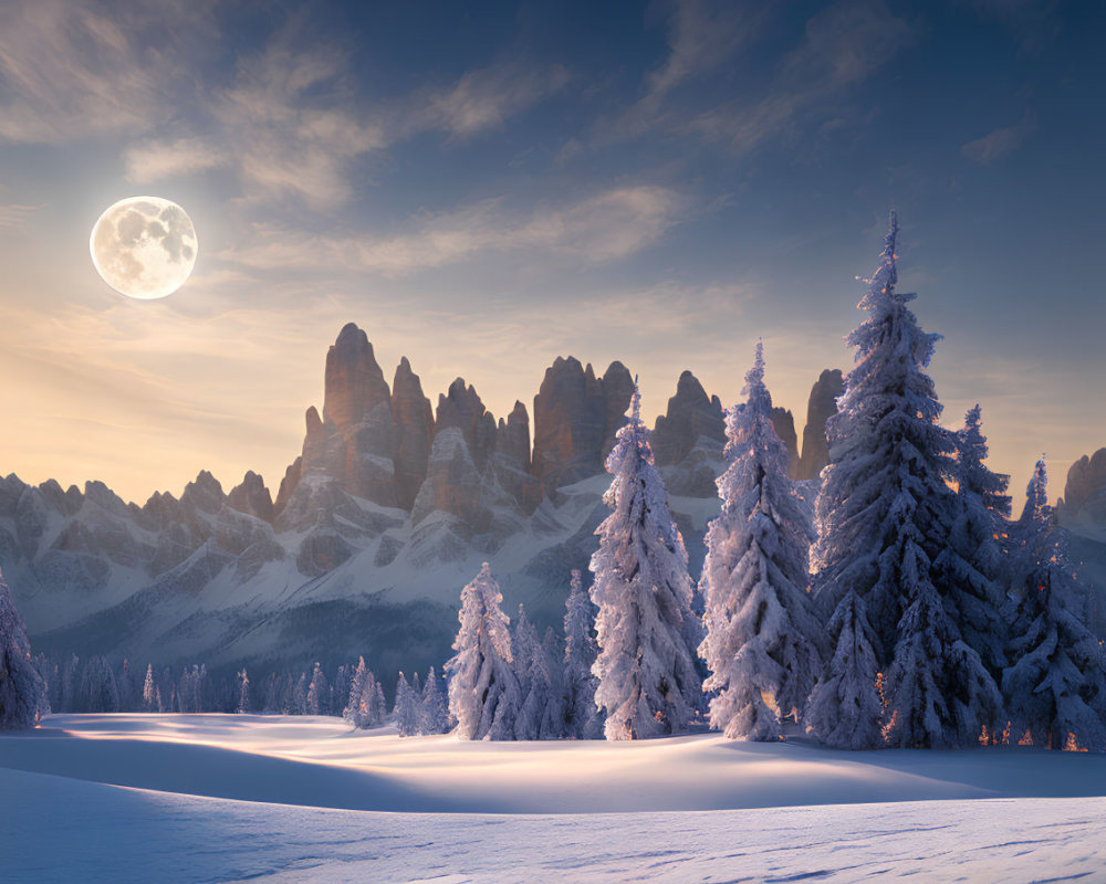 Snow-covered pine trees and full moon over rugged mountains
