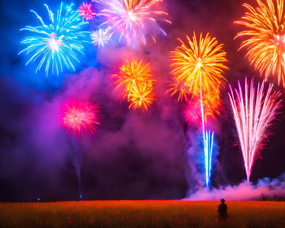 Colorful fireworks display illuminating night sky with silhouetted figure watching.