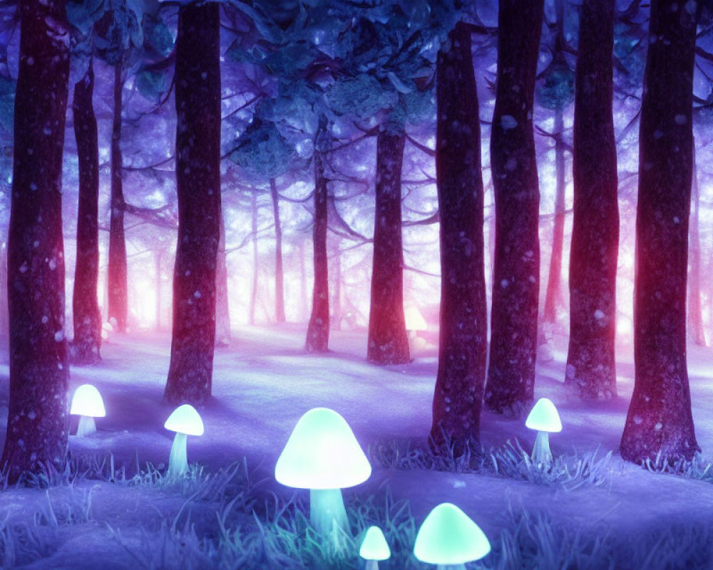 Purple-tinged forest with glowing mushrooms and misty light
