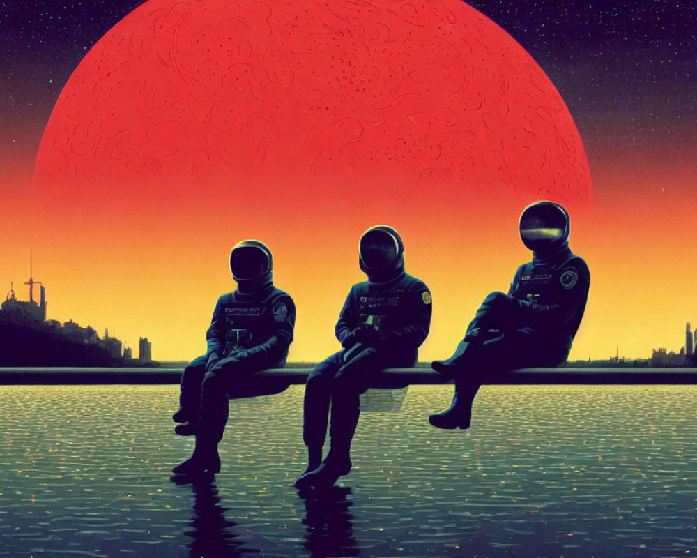 Three Astronauts Admire Red Moonrise Over Futuristic City