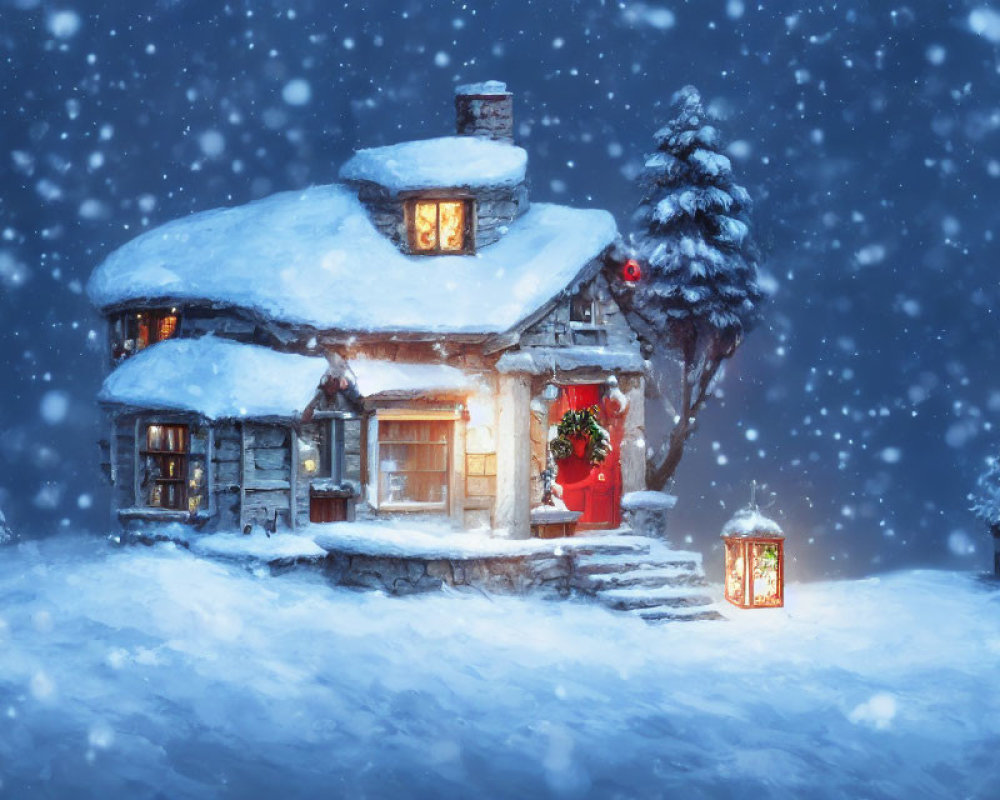 Snow-covered cottage with glowing windows and lantern in serene snowy night