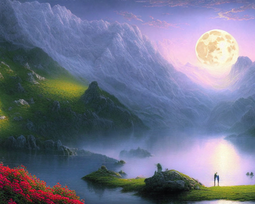 Fantasy landscape with mountains, moon, lake, figures, and pink flora