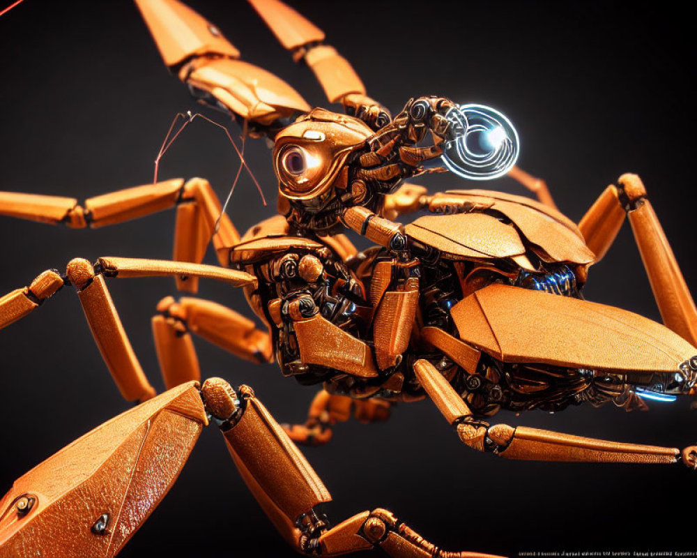 Detailed 3D Render of Metallic Mechanical Insect with Glowing Eye