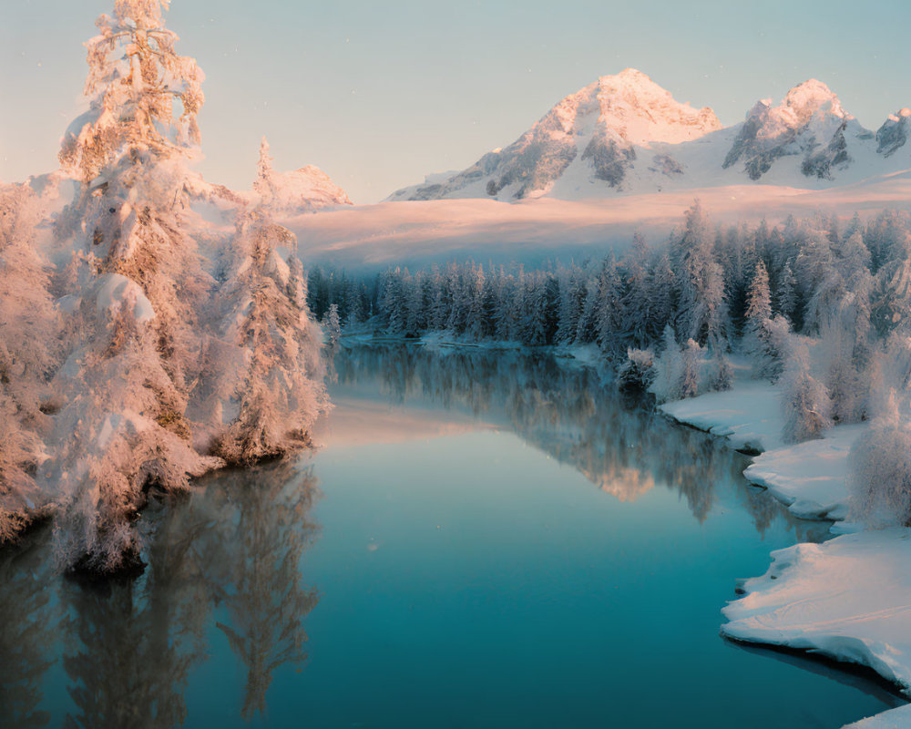 Snow-covered trees, reflective river, majestic mountain in serene winter scene