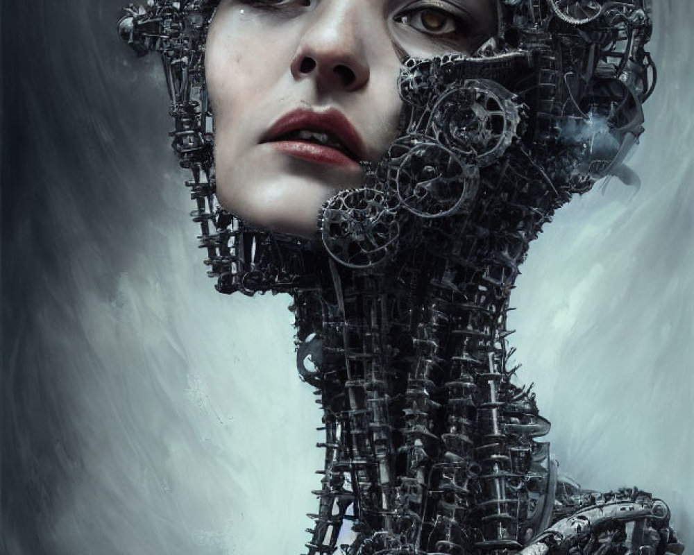 Robotic woman with gears and mechanical parts on gray background