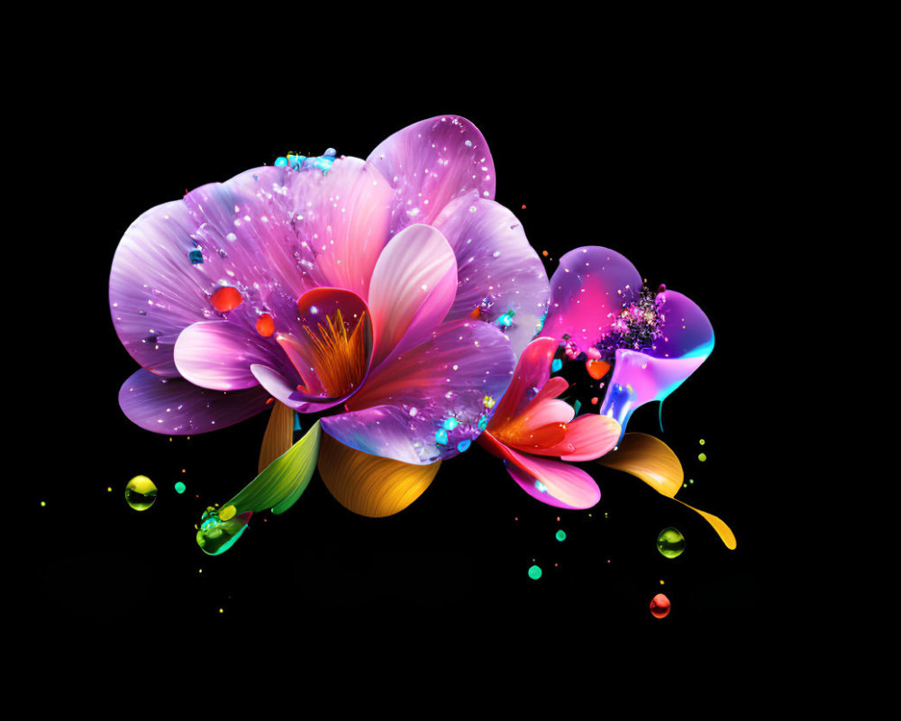 Colorful Neon Flower Illustration on Black Background