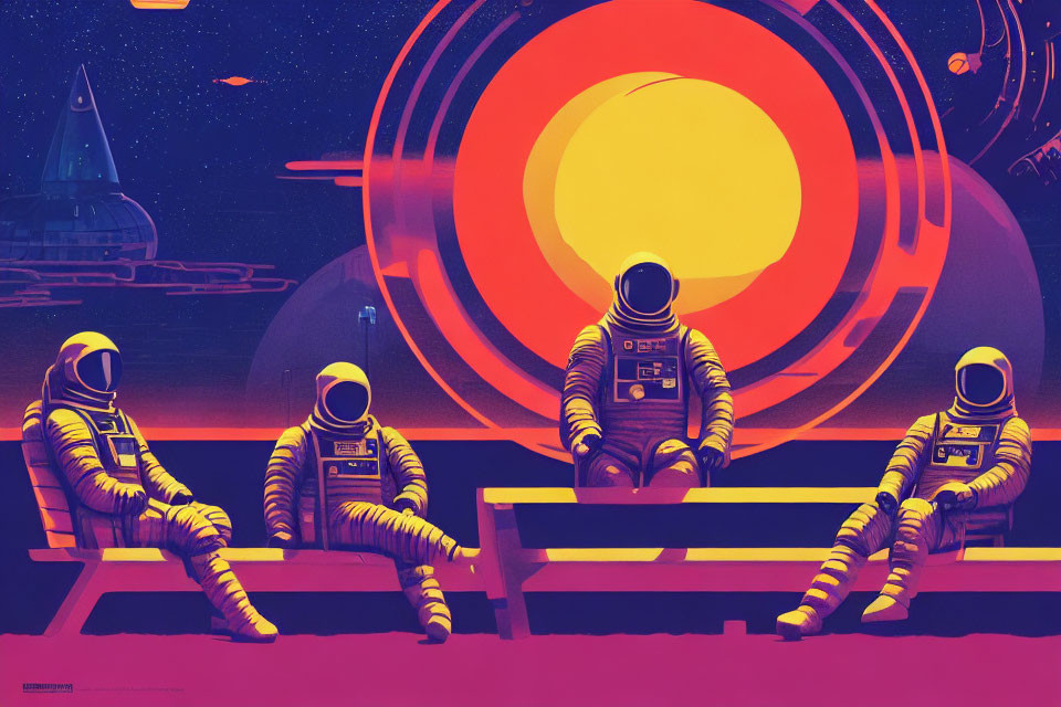 Astronauts observing sun-like sphere with spaceships and stars