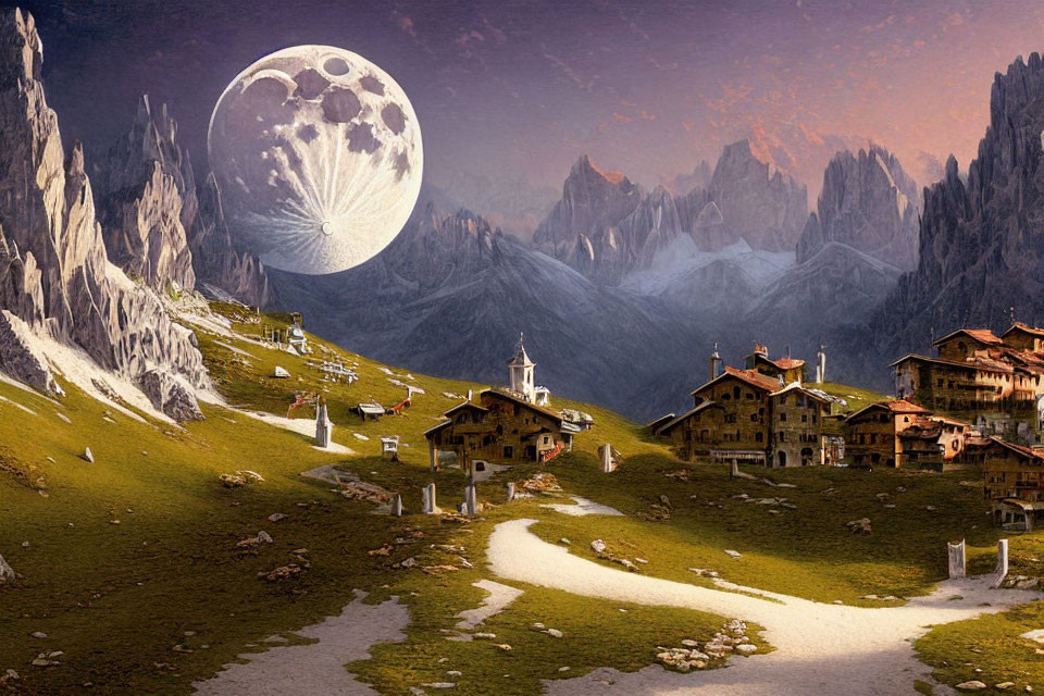 Scenic mountain village at dusk with large moon, rustic houses, and winding path.