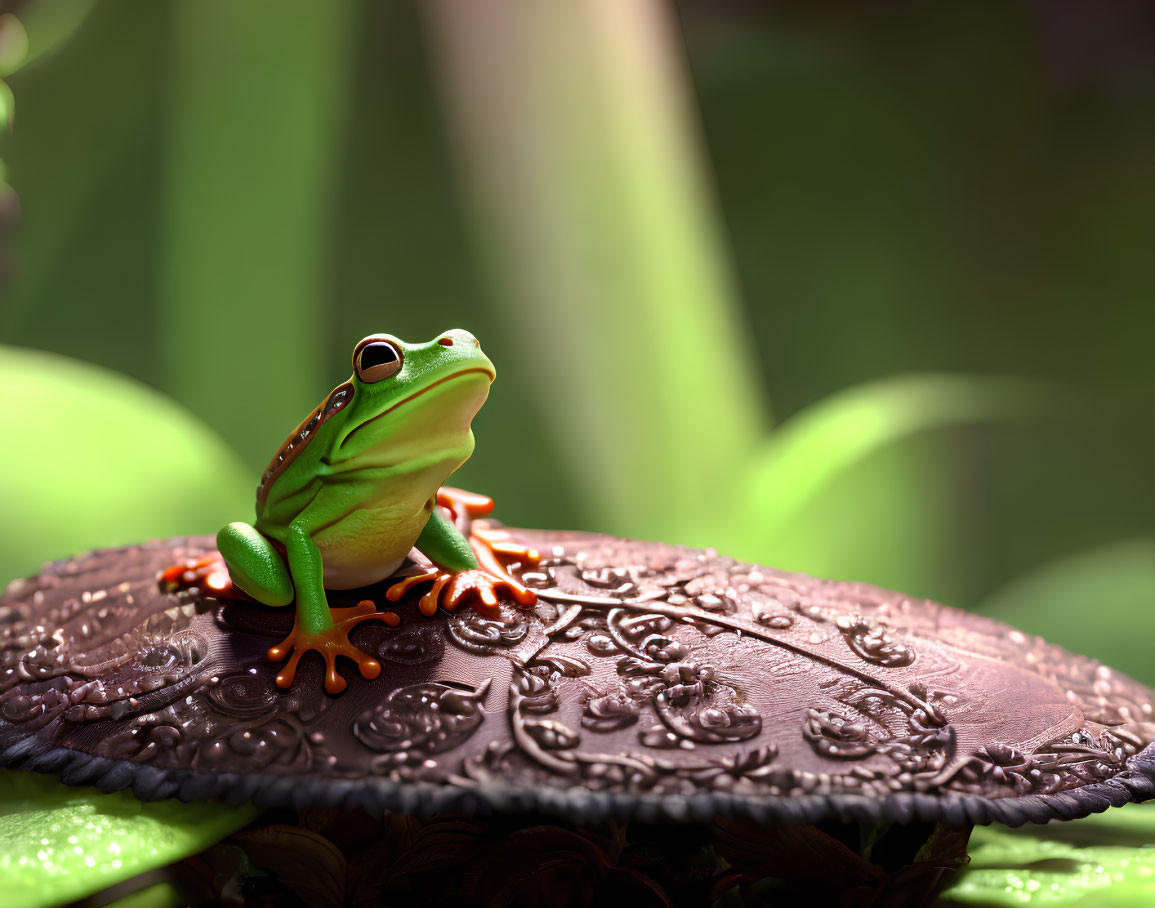 Green frog on embossed bronze button in lush leaf setting