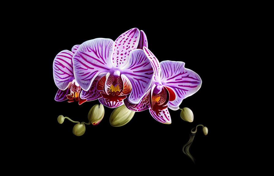 Vibrant purple and white striped orchid flowers on black background
