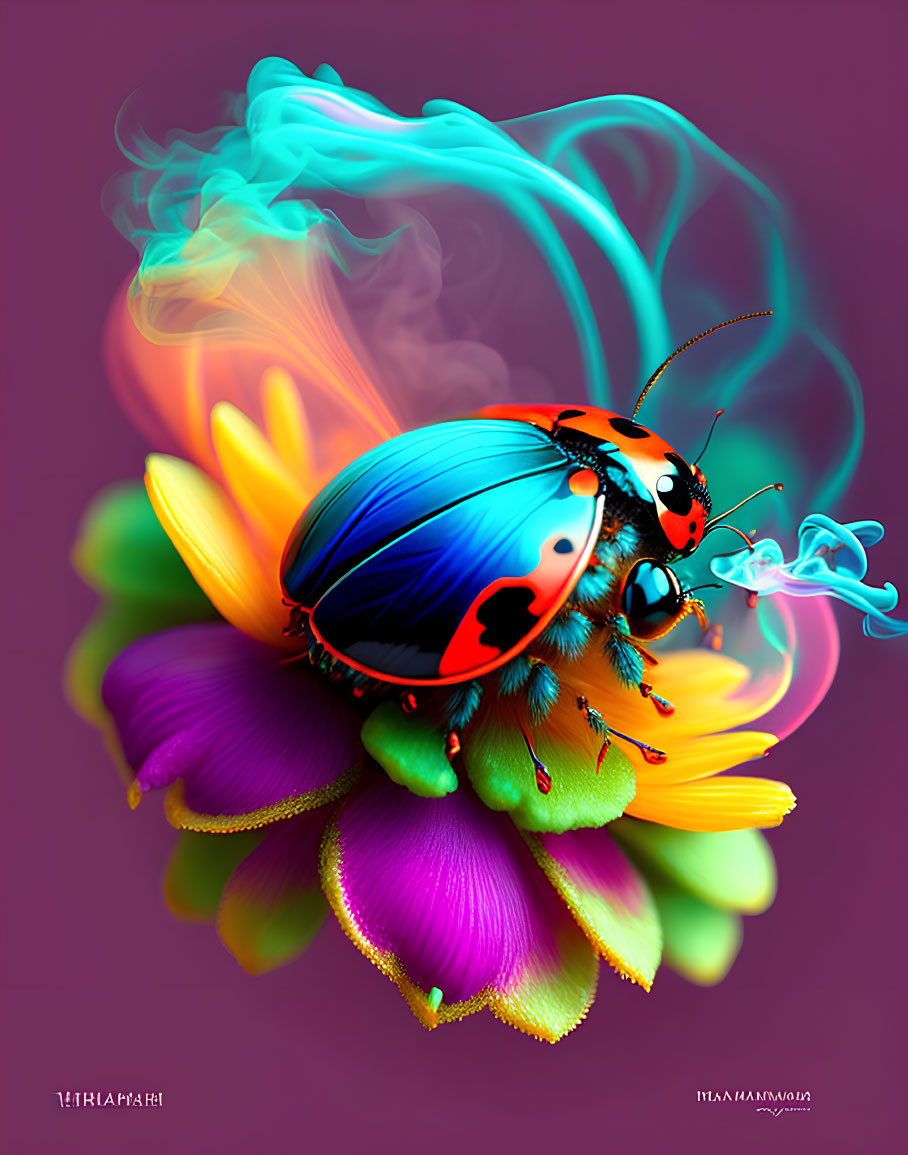 Colorful Ladybug Artwork on Multicolored Flower with Whimsical Smoke