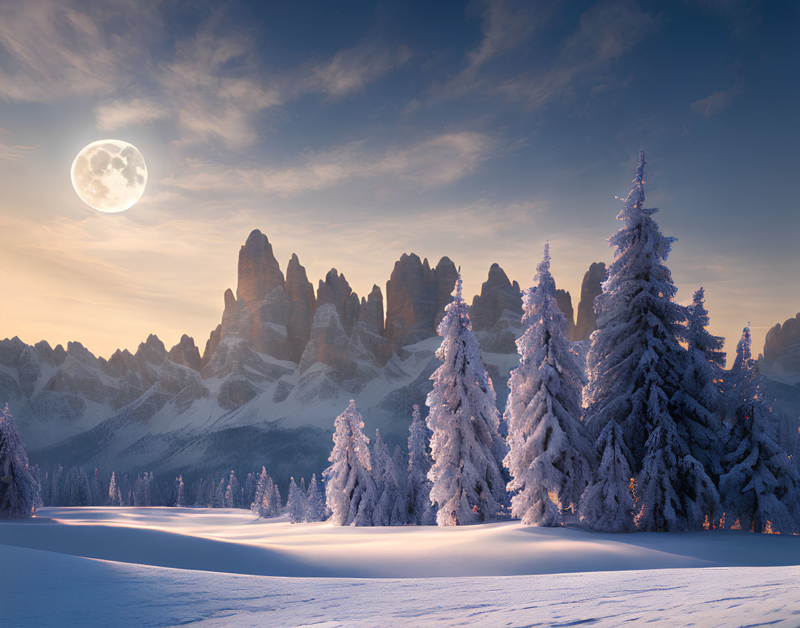 Snow-covered pine trees and full moon over rugged mountains