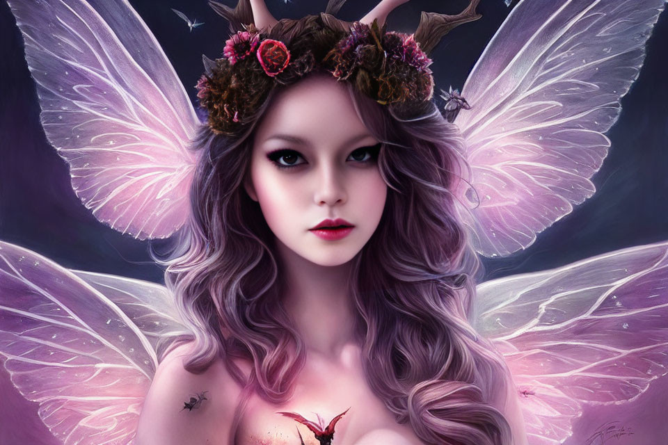 Fantasy illustration of female figure with butterfly wings and floral crown