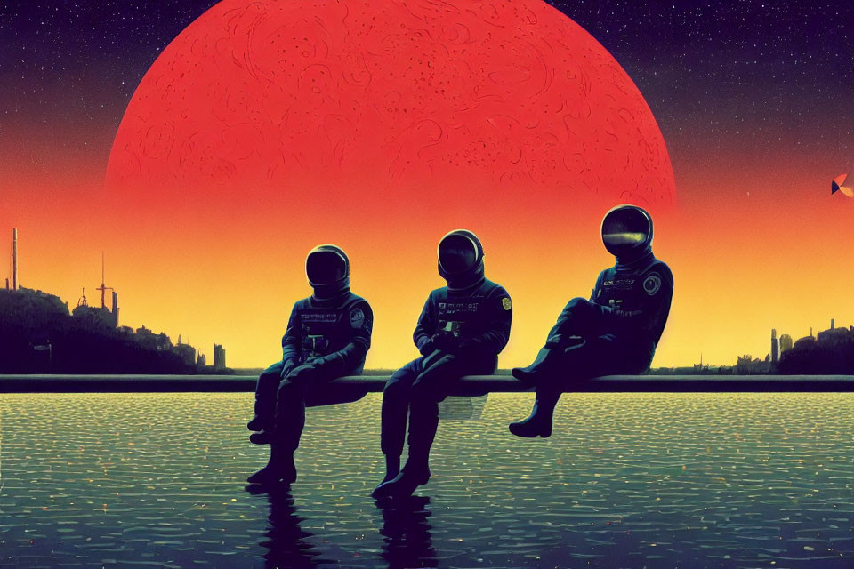 Three Astronauts Admire Red Moonrise Over Futuristic City