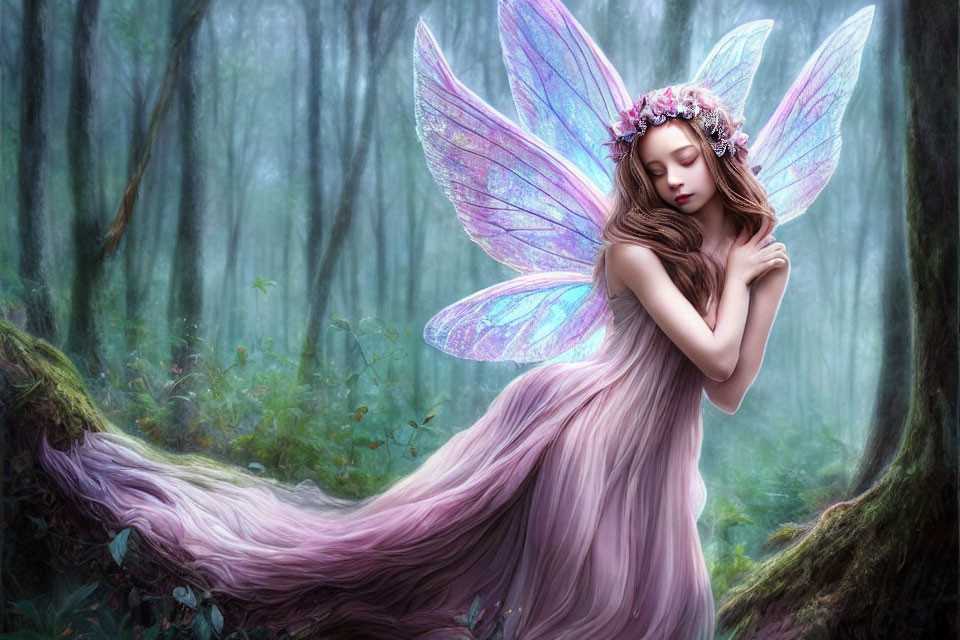 Fantasy depiction of a fairy in misty forest with iridescent wings
