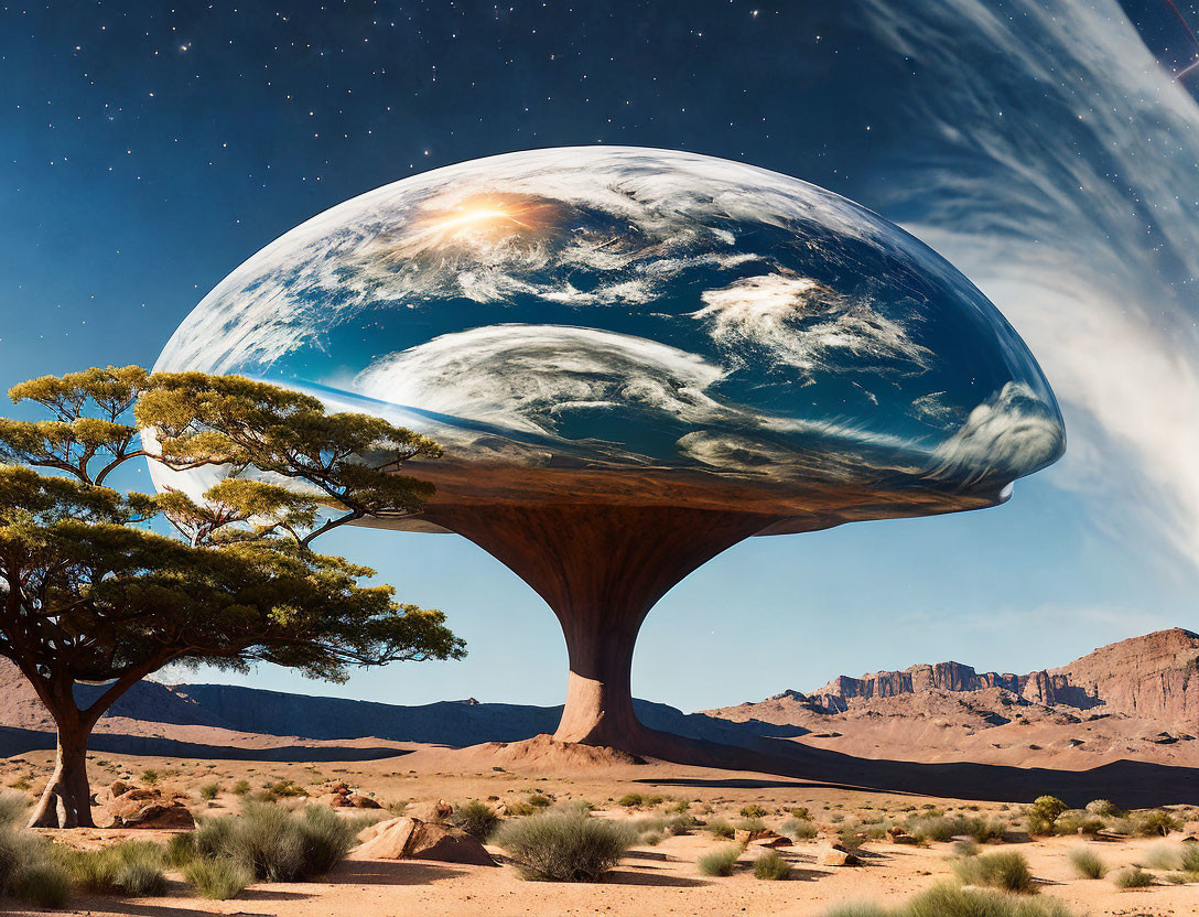 Surreal landscape featuring giant tree holding Earth-like planet under starlit sky