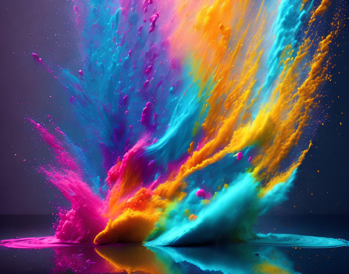 Colorful Powder Explosion on Dark Background: Vibrant Swirls of Pink, Blue, Orange,