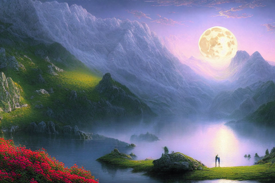 Fantasy landscape with mountains, moon, lake, figures, and pink flora