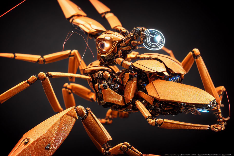 Detailed 3D Render of Metallic Mechanical Insect with Glowing Eye