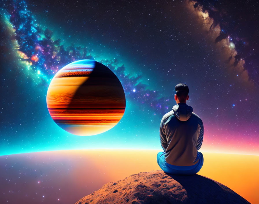 Person sitting on rocky terrain gazes at large planet in vibrant cosmic sky.